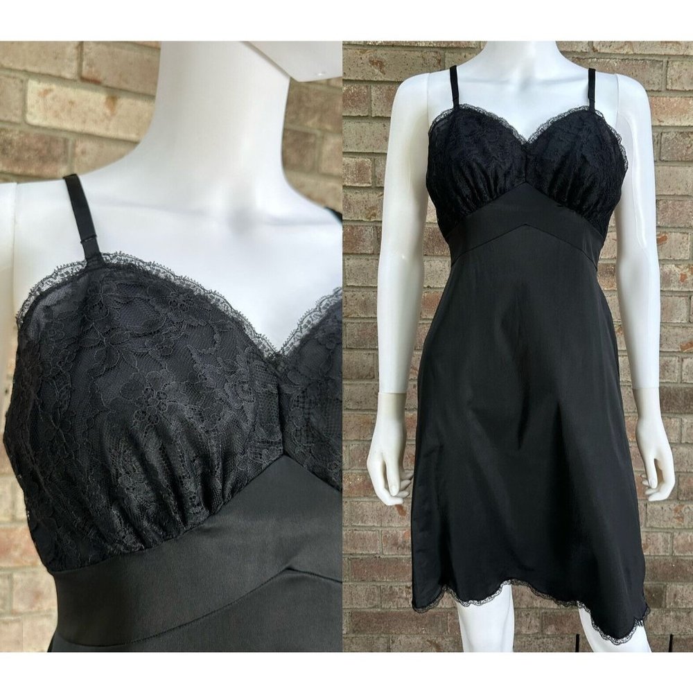 Tricot Nylon Black Fairy Dress Vanity Fair Nightgown Satin Lace 32” Waist Sz 34